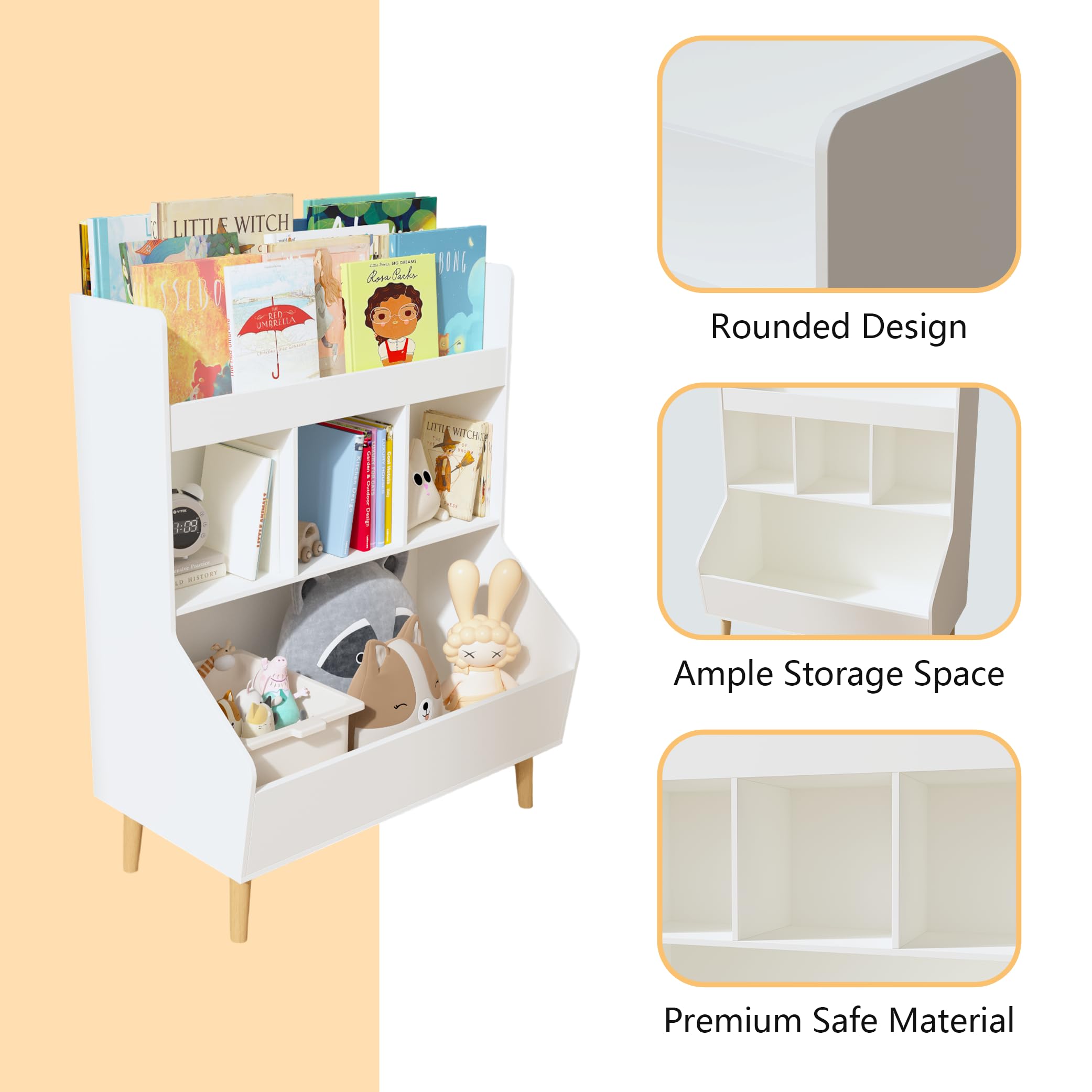 BAOMKONG Toy Storage Organizer, Kids Bookshelf and Bookcase with Solid Wood Legs, Multifunctional Bookshelf with Storage, Children Bookcase for Kids Room, Living Room, Nursery, White