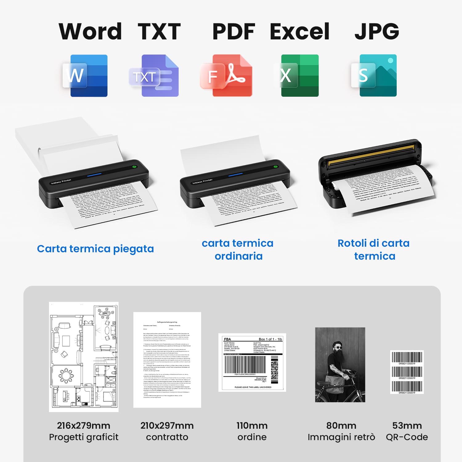 Zoolion 1 Wireless Portable Printer & 1 Thermal Paper Roll 8.5"x11" & 100 Folded Thermal Paper 8.5"x11"