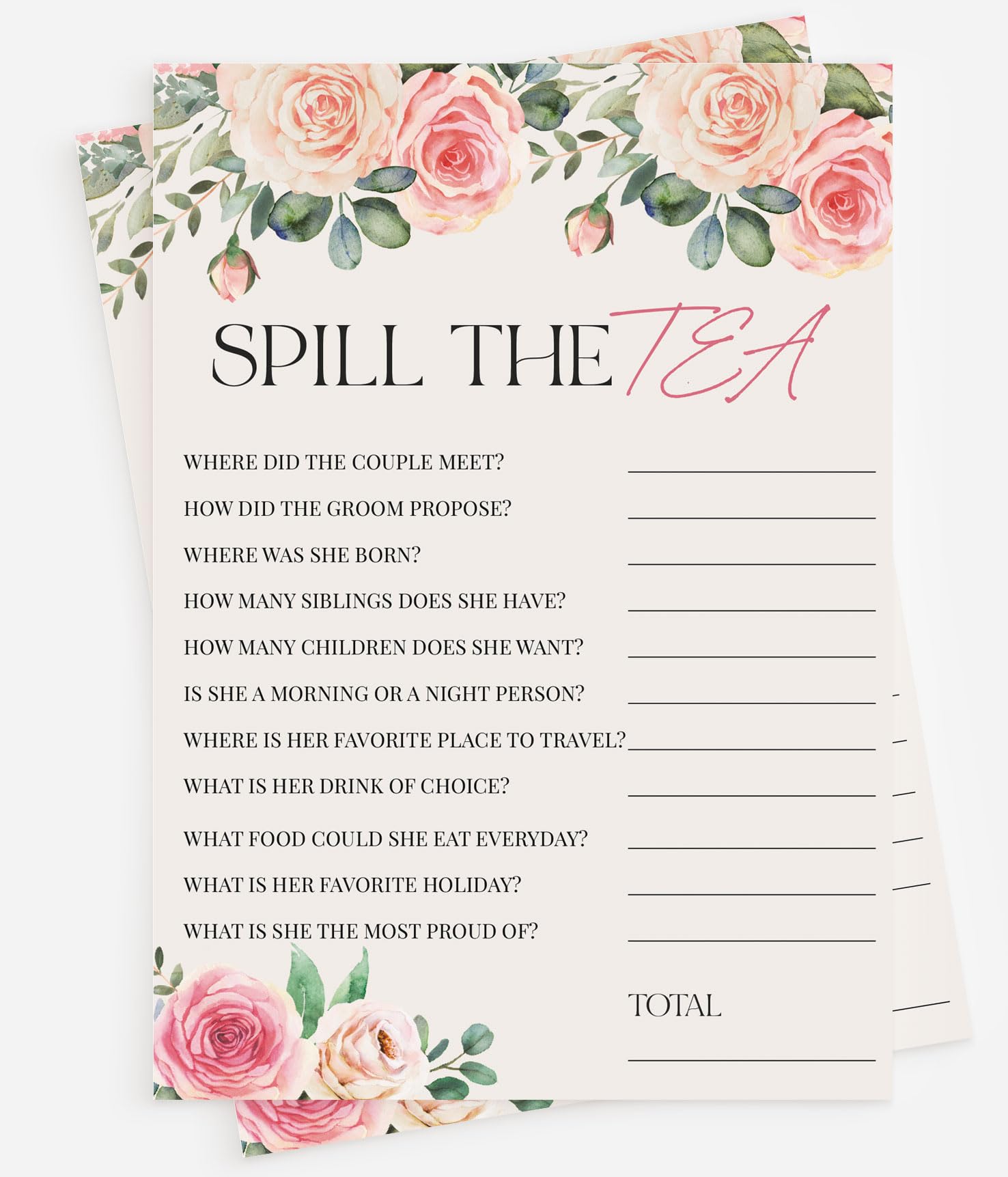 50 Spill The Tea Party (50-Cards) Fun Bridal Shower Game Activity, Who Knows the Bride Best, Decorations, Engagement Party, Rehearsal Dinner, Bridgerton