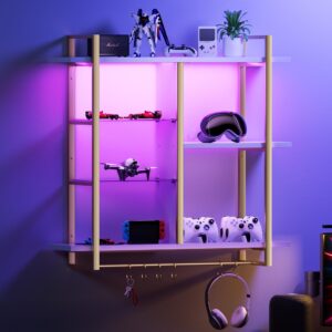 belleze gaming floating shelves, 40" led display shelves wall mounted 4 tier storage rack, wooden hanging shelf with 6 hooks, wine coffee bar rack for kitchen organization and home decor