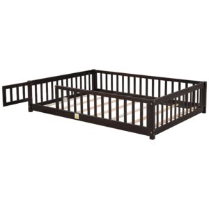 PVWIIK Full Size Montessori Floor Bed Frame with Convertible Door & Wood Slats for Kids,Wood Montessori Bed with Safety Guardrails for Girls & Boys,Espresso