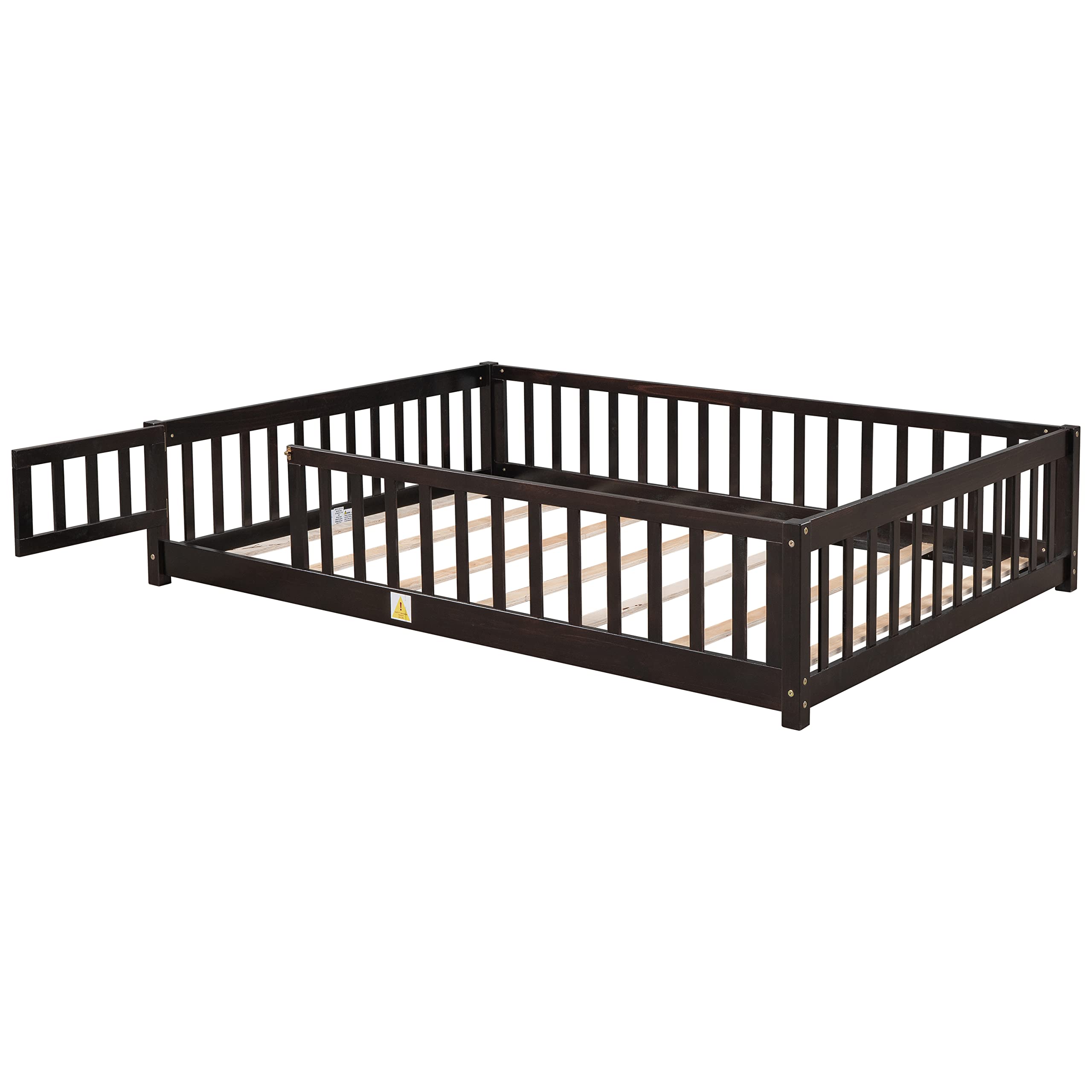 PVWIIK Full Size Montessori Floor Bed Frame with Convertible Door & Wood Slats for Kids,Wood Montessori Bed with Safety Guardrails for Girls & Boys,Espresso