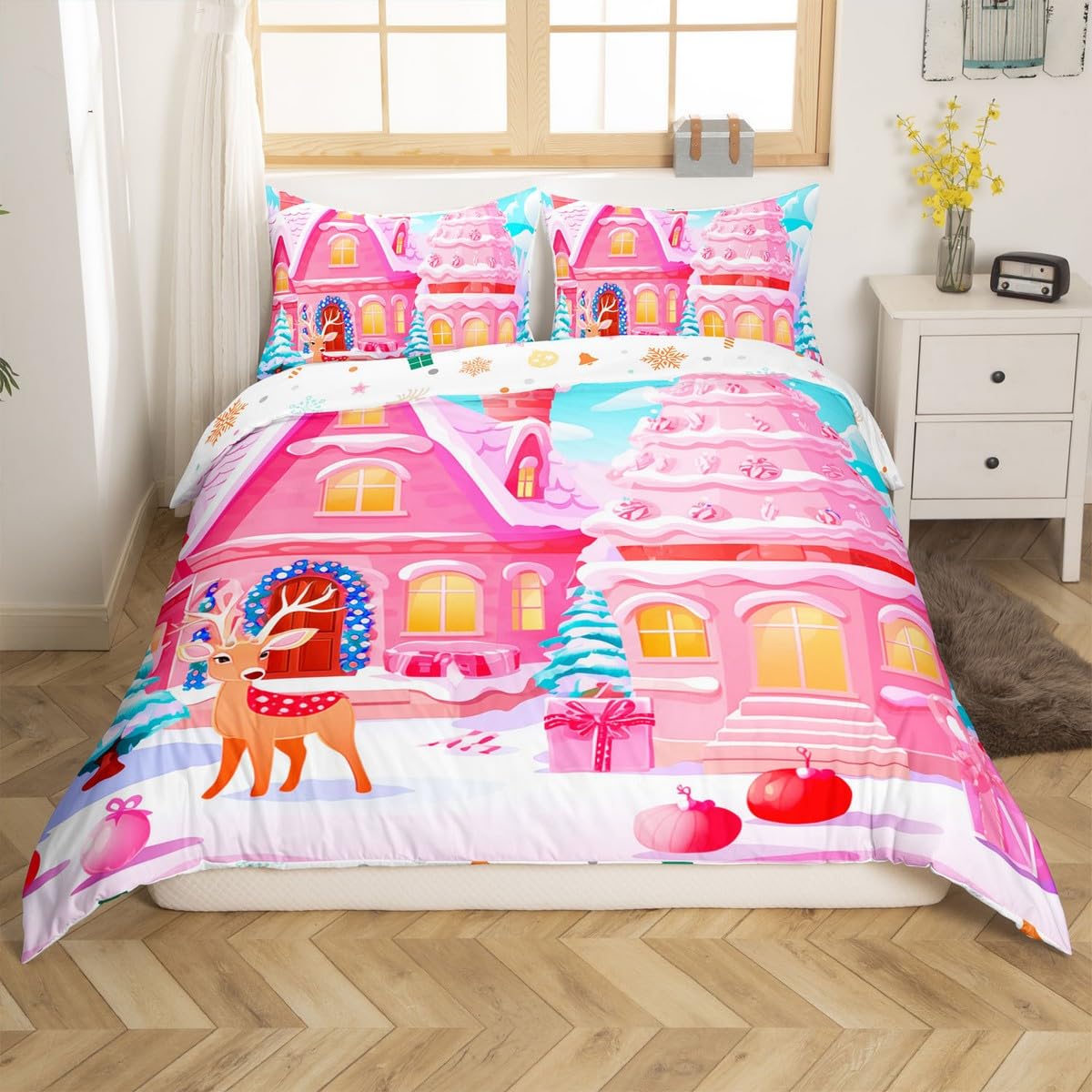 Feelyou Christmas Pink Comforter Cover Set Cute Deer Print Bedding Set Full Size for Kids Boys Girls Bedroom Bed Decor Xmas Christmas Duvet Cover Soft Bedspread Cover,No Comforter