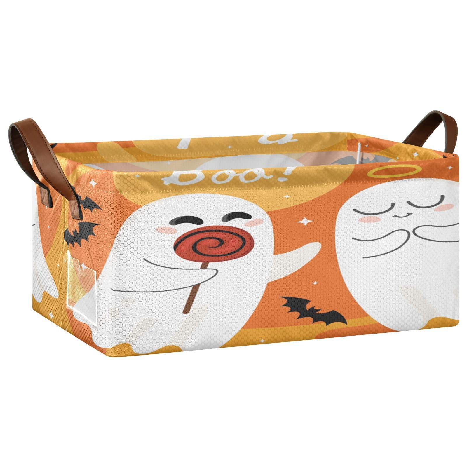 Exnundod Collapsible Storage Bin Halloween Ghost Boo Cute Organizer Storage Shelf Basket Cartoon Storage Boxes with Handles for Closet Blanket Toys Home Dorm Office