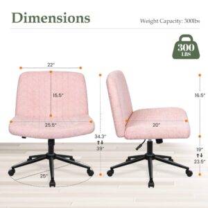 Orange Factory Criss Cross Chair with Wheels, Armless Cross Legged Office Desk Chair, Wide Comfy Vanity Rolling Swivel Modern Comfortable Fabric Computer Task Chairs for Home Office (Pink)