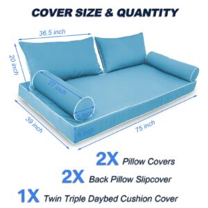 SOWINOS |Cover ONLY| Outdoor Style Daybed Cushion Cover Set, Water-Resistant Twin Triple with Piped Edges Swing Mattress Bolster Pillow Fitted Sheet Cover, Sky Blue