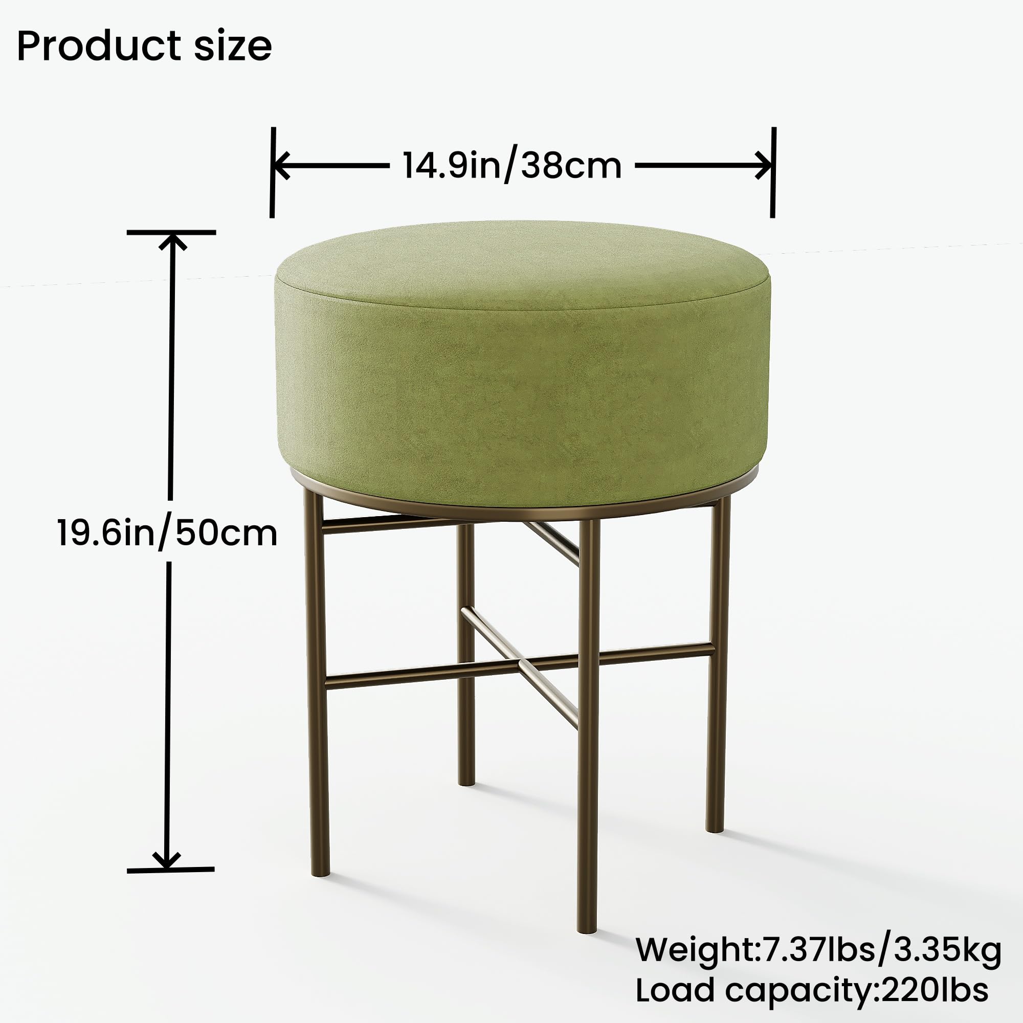 Cute Vanity Chair, Small Makeup Vanity Stool Set of 2, Linen Upholstered Stool Chair for Desk, Modern Round Foot Stools Ottoman with Gold Legs for Girls Makeup Room Living Room Bedroom (Green, 14.9")