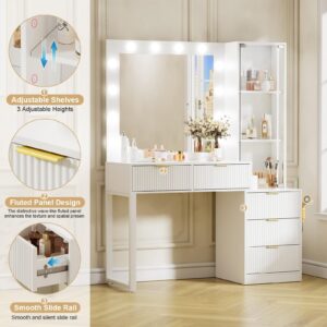 WJFORLION Vanity Desk with Mirror and Llights, Makeup Vanity with Charging Station, 5 Drawers & Adjustable Shelves, Girls Vanity for Bedroom (No Stool)