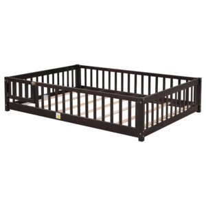 PVWIIK Full Size Montessori Floor Bed Frame with Convertible Door & Wood Slats for Kids,Wood Montessori Bed with Safety Guardrails for Girls & Boys,Espresso