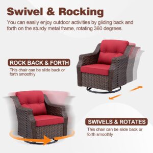 Outdoor Swivel Rocker Chair Set of 2, All Weather Wicker Glider Rocker Set, PE Rattan Swivel Rocking Chair with Side Table for Yard Balcony Deck Porch (Red, 3PC-Swivel Gliders & Side Table)