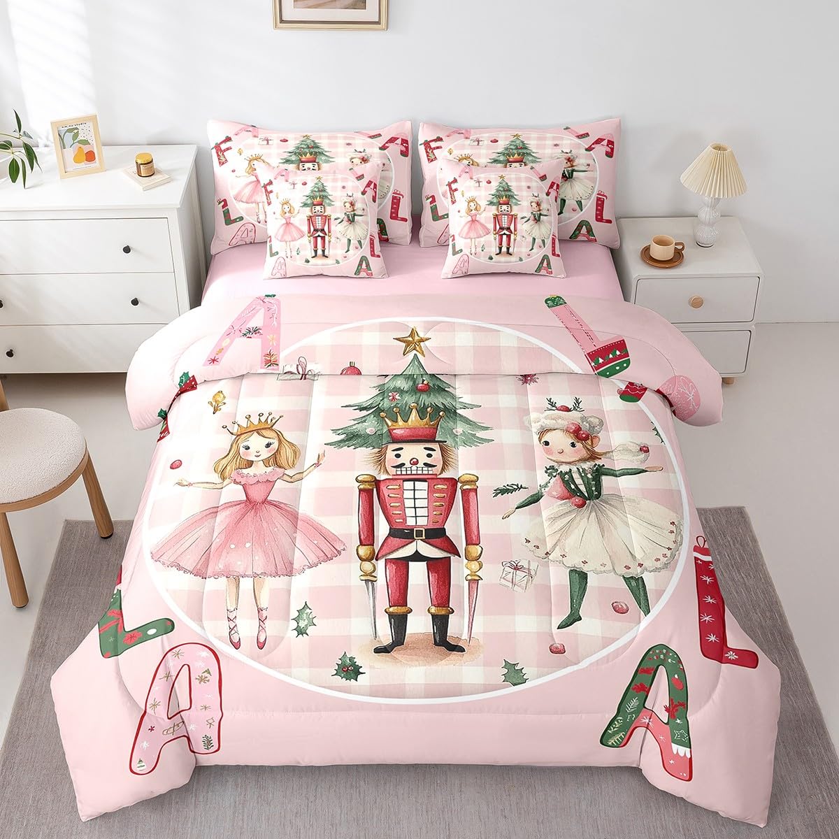 Erosebridal Pink Christmas Bed in A Bag with Sheets Full Plaid Nutcracker 7 Piece Comforter Set Christmas Nutcracker Bedding Set for Kids Girls Adults,Winter Xmas Holiday Bedding Comforter Sets