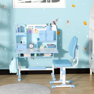 Frogued Children's Adjustable Study Desk and Chair Set, Height Adjustable Kids Study Table Chair Set with Astronaut Pattern, Ergonomic Writing Desk with Storage Drawer and Bookshelf (Upgraded Blue)