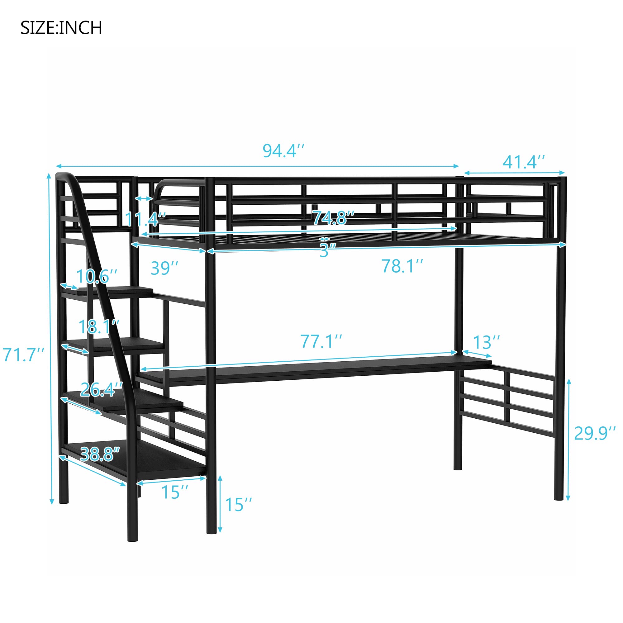 Twin Loft Bed with Desk and Storage Stairs, Heavy Duty Loft Bed with Atairs and Full-Length Guardrail, Twin Loft Bed for Kids, Teens(Black Loft Bed Twin Size)