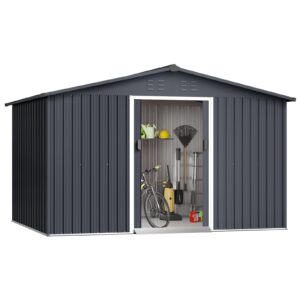 acekool outdoor storage shed 10x12 ft & large storage space, utility metal storage shed with lockable sliding door and vent, garden tool shed for organising tools and equipment in yard, garden, grey