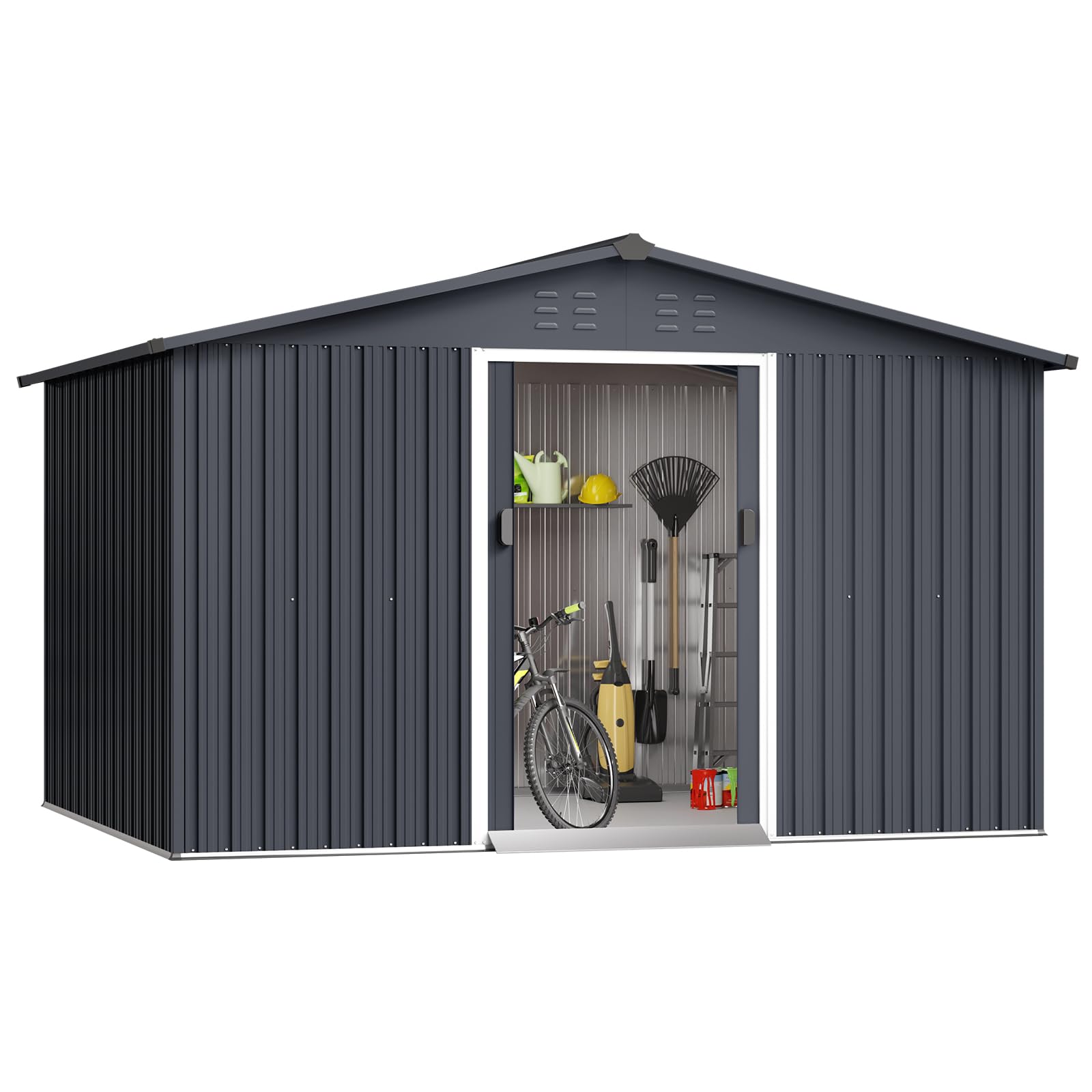 Acekool Outdoor Storage Shed 10x12 Ft & Large Storage Space, Utility Metal Storage Shed with Lockable Sliding Door and Vent, Garden Tool Shed for Organising Tools and Equipment in Yard, Garden, Grey