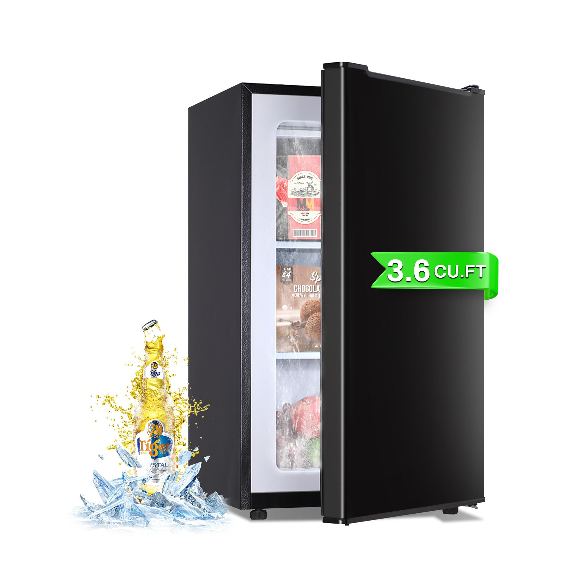 rosmena Upright Freezer, 3.6 Cu.Ft Small Freezer with Reversible Single Door, 3-Speed Temperature Adjustment (Down to -13°F), Standing Mini Freezer with 3-Layer Condenser Tube for Home, Kitchen