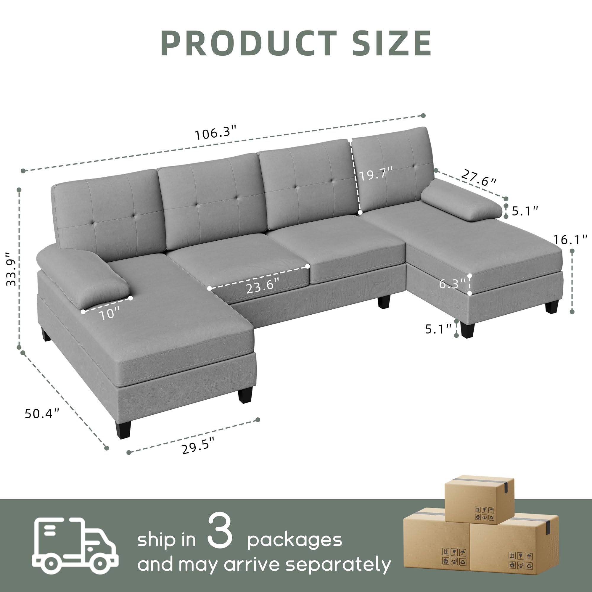 Shintenchi Sectional Couches for Living Room, U Shaped Sofa Couch with Double Chaise, 4-Seat Living Room Furniture Sets with Soft Cushion & Linen Fabric, Light Grey