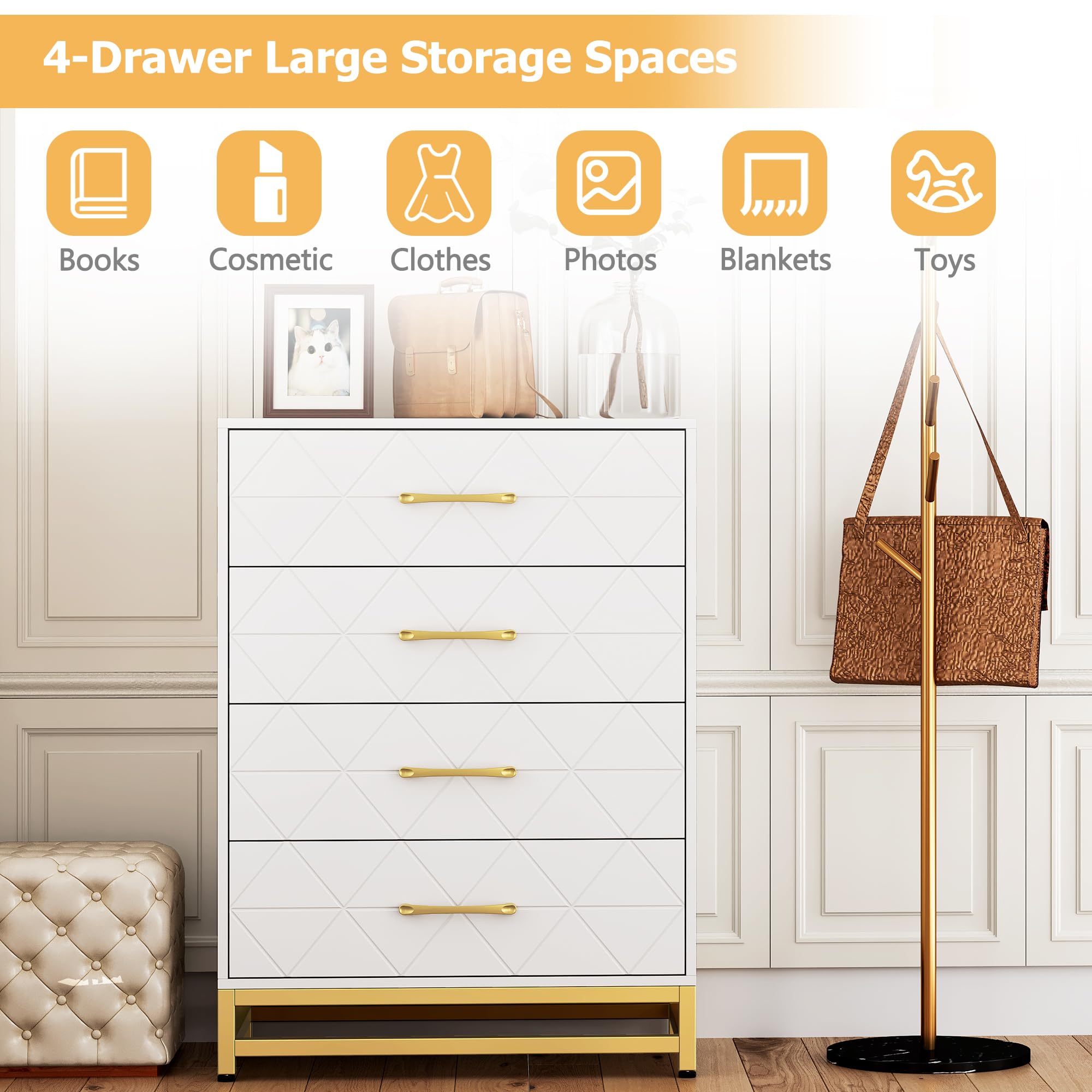 Patikuin 4 Drawer Dresser Dresser for Bedroom Wooden, Chest of Drawers White Dresser with Metal Handle, White Dresser for Bedroom,Living Room,Hallway and Entryway