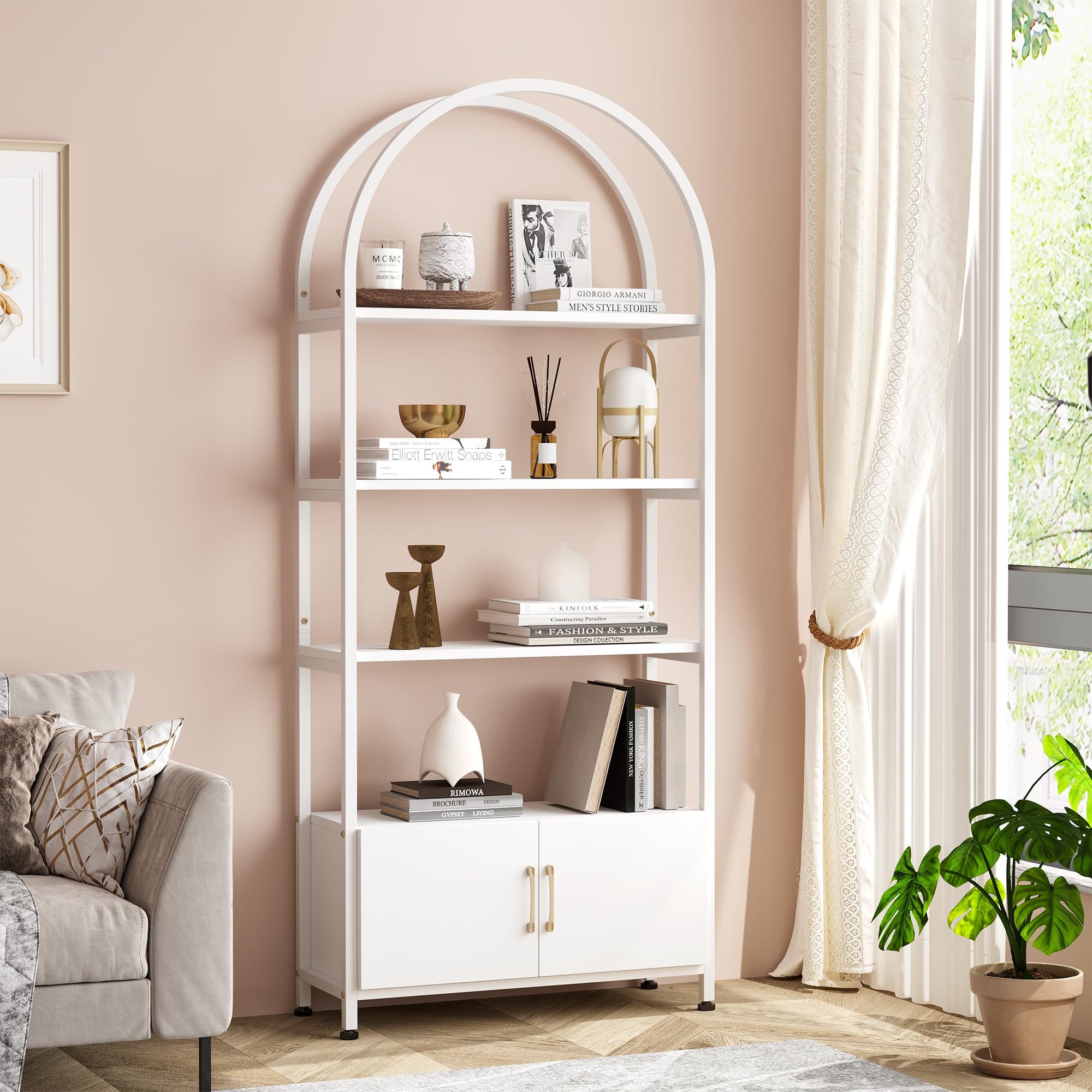 GarveeHome Arched Bookshelf, Modern Bookcase with Doors Storage, 71.5" Tall Freestanding Book Shelf with Studry Metal Frame, 4-Tier Arched Bookcase, Display Rack Shelf for Office,Bedroom, White