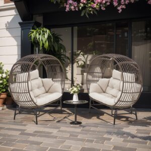 LUMIINOFAMI Outdoor Glider Egg Chair, Oversized 2 Person Egg Rocking Chair with Thick Cushions, Wicker Egg Chair Rattan Porch Furniture Loveseat Lounge Chair for Bedroom Sunroom Backyard(Brown)