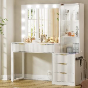 WJFORLION Vanity Desk with Mirror and Llights, Makeup Vanity with Charging Station, 5 Drawers & Adjustable Shelves, Girls Vanity for Bedroom (No Stool)