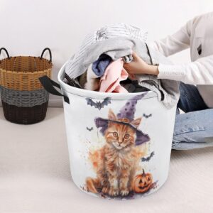 TsyTma Halloween Orange Cat Collapsible Laundry Baskets Laundry Hamper with Handles Scary Bats Pumpkins Round Dirty Clothes Hampers for Laundry Bathroom Bedroom Decor