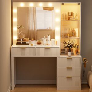 wjforlion vanity desk with mirror and llights, makeup vanity with charging station, 5 drawers & adjustable shelves, girls vanity for bedroom (no stool)