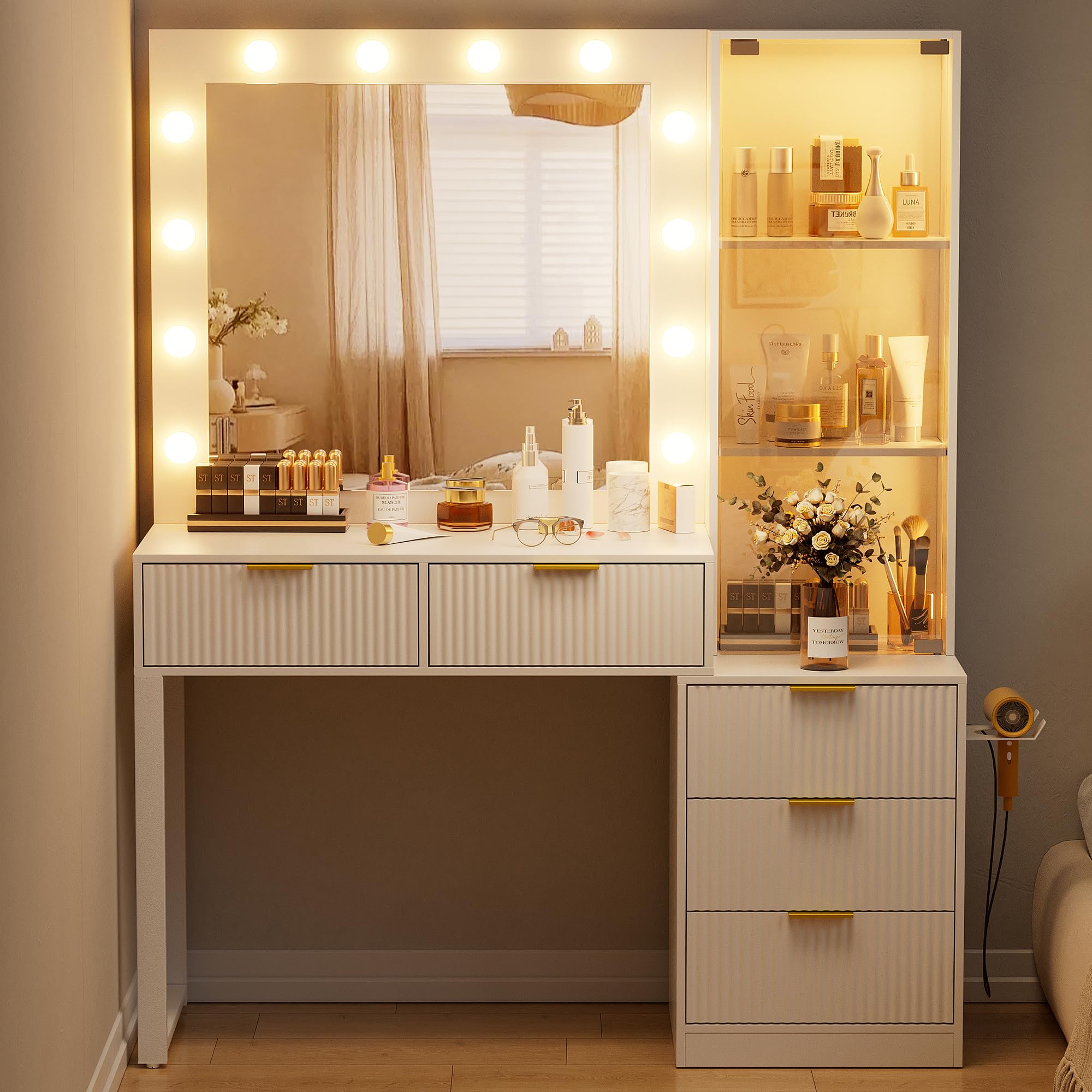 WJFORLION Vanity Desk with Mirror and Llights, Makeup Vanity with Charging Station, 5 Drawers & Adjustable Shelves, Girls Vanity for Bedroom (No Stool)