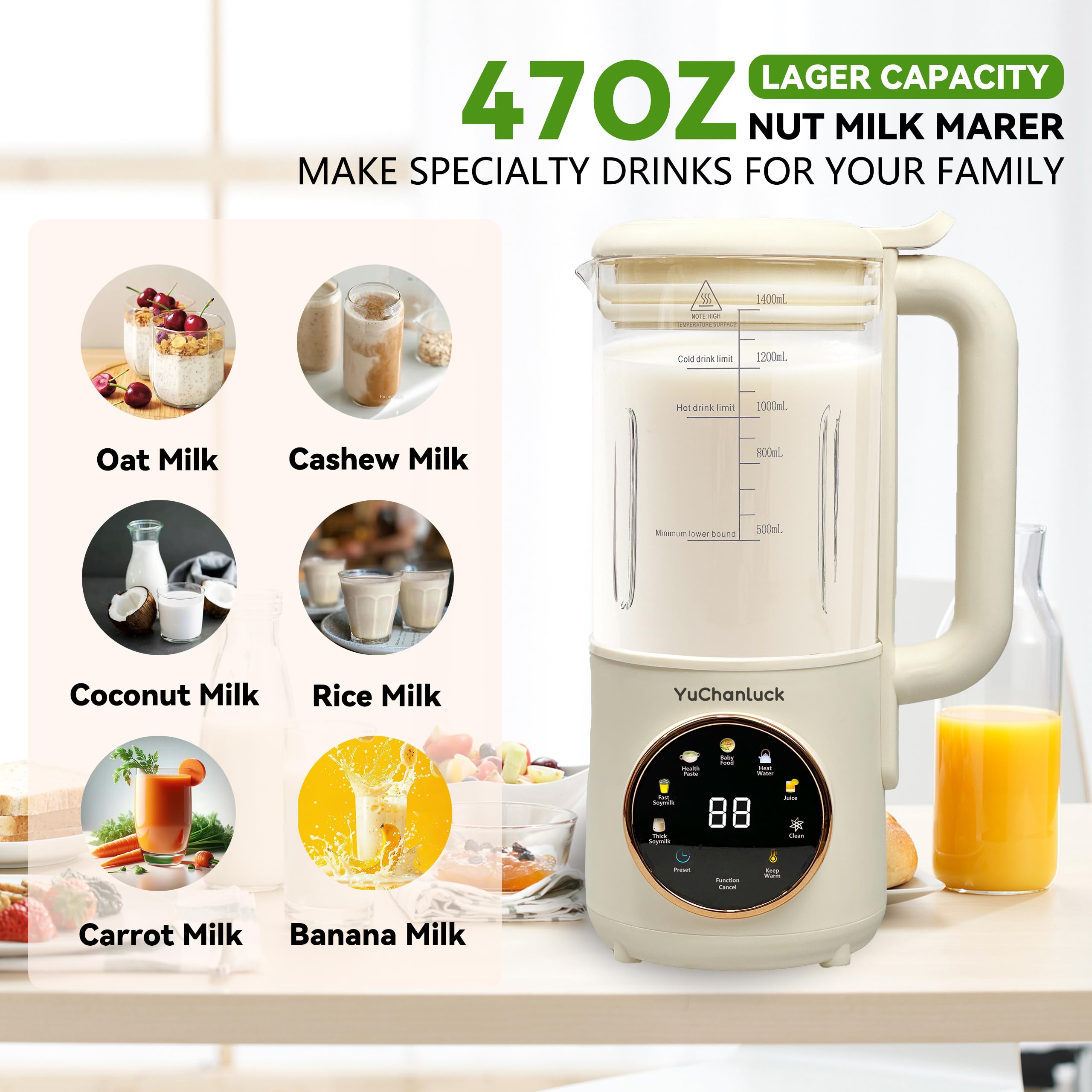 Automatic Nut Milk Maker, 47oz Soy Milk Maker,Almond Milk Maker,Oat, Coconut, Soy, Plant Based Milks,Baby Food,Electric Bean and Nut Milk Machine with Delay Start/Keep Warm/Self-Cleaning/Boil Water