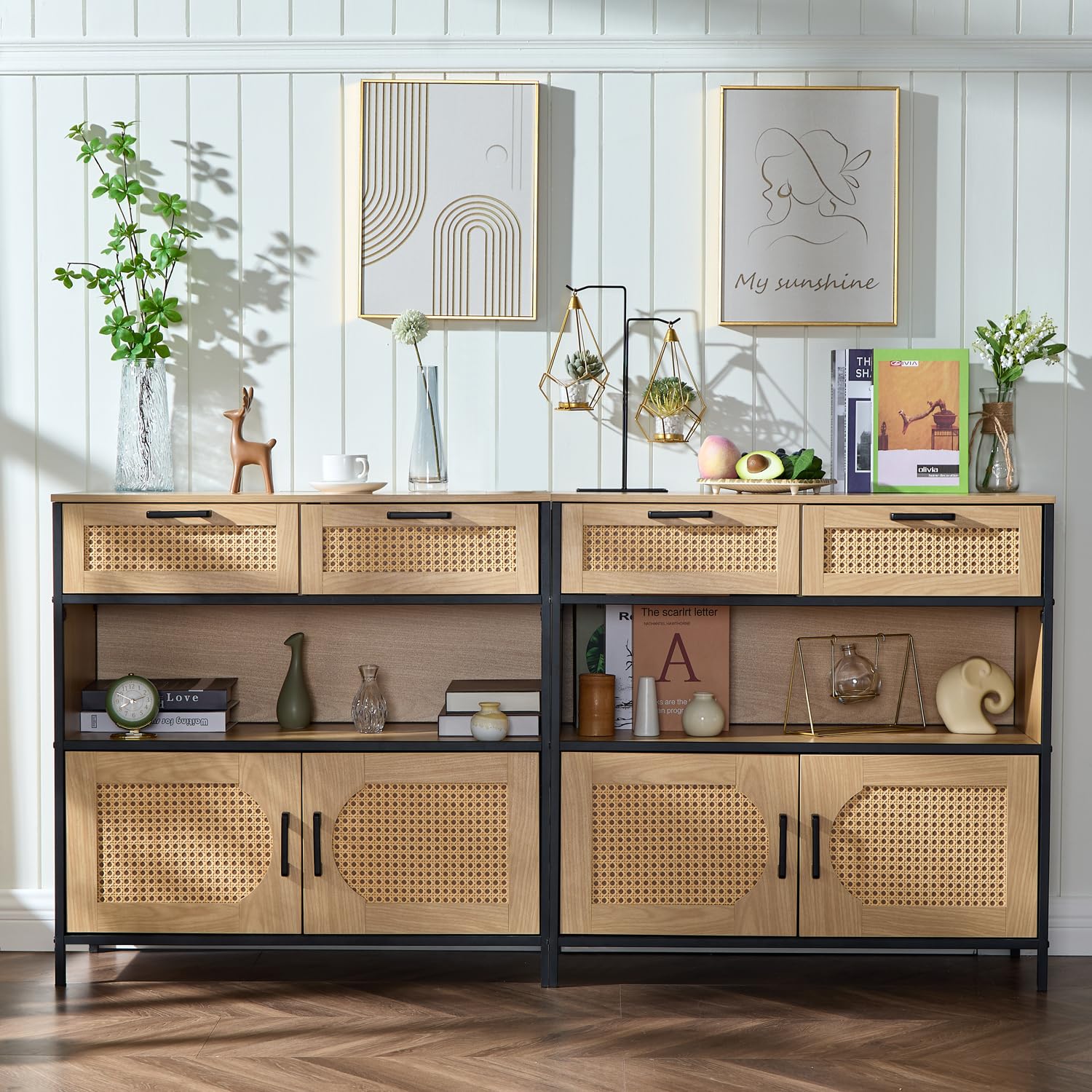 LIDYUK Sideboard Cabinet with Charging Station, Kitchen Storage Cabinet with Rattan Decorated Doors, Cupboard Console Table Sideboard Cabinet for Dining Room Hallway, Natural