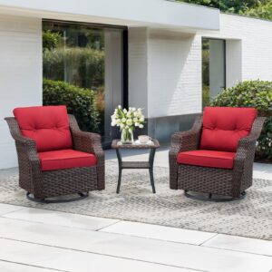 Outdoor Swivel Rocker Chair Set of 2, All Weather Wicker Glider Rocker Set, PE Rattan Swivel Rocking Chair with Side Table for Yard Balcony Deck Porch (Red, 3PC-Swivel Gliders & Side Table)