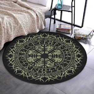 Washable Round Rug Circle Area Rugs for Bedroom Entryway Non Slip Carpet for Living Room Coffee Table Kitchen (Norse Viking Vegvisir Runic Compass)