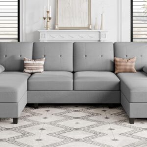 Shintenchi Sectional Couches for Living Room, U Shaped Sofa Couch with Double Chaise, 4-Seat Living Room Furniture Sets with Soft Cushion & Linen Fabric, Light Grey