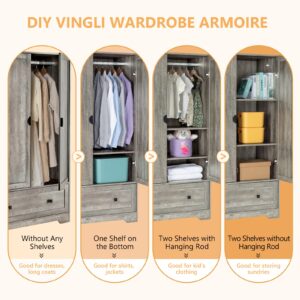 Bonnlo 38" Wide Armoire Wardrobe Closet with Hanging Rod, Adjustable Shelves and Drawer, Freestanding Wardrobe Closet with Doors, Bedroom Armoires and Wardrobes, Rustic Grey, 38" W x 20.5" D x 65" H