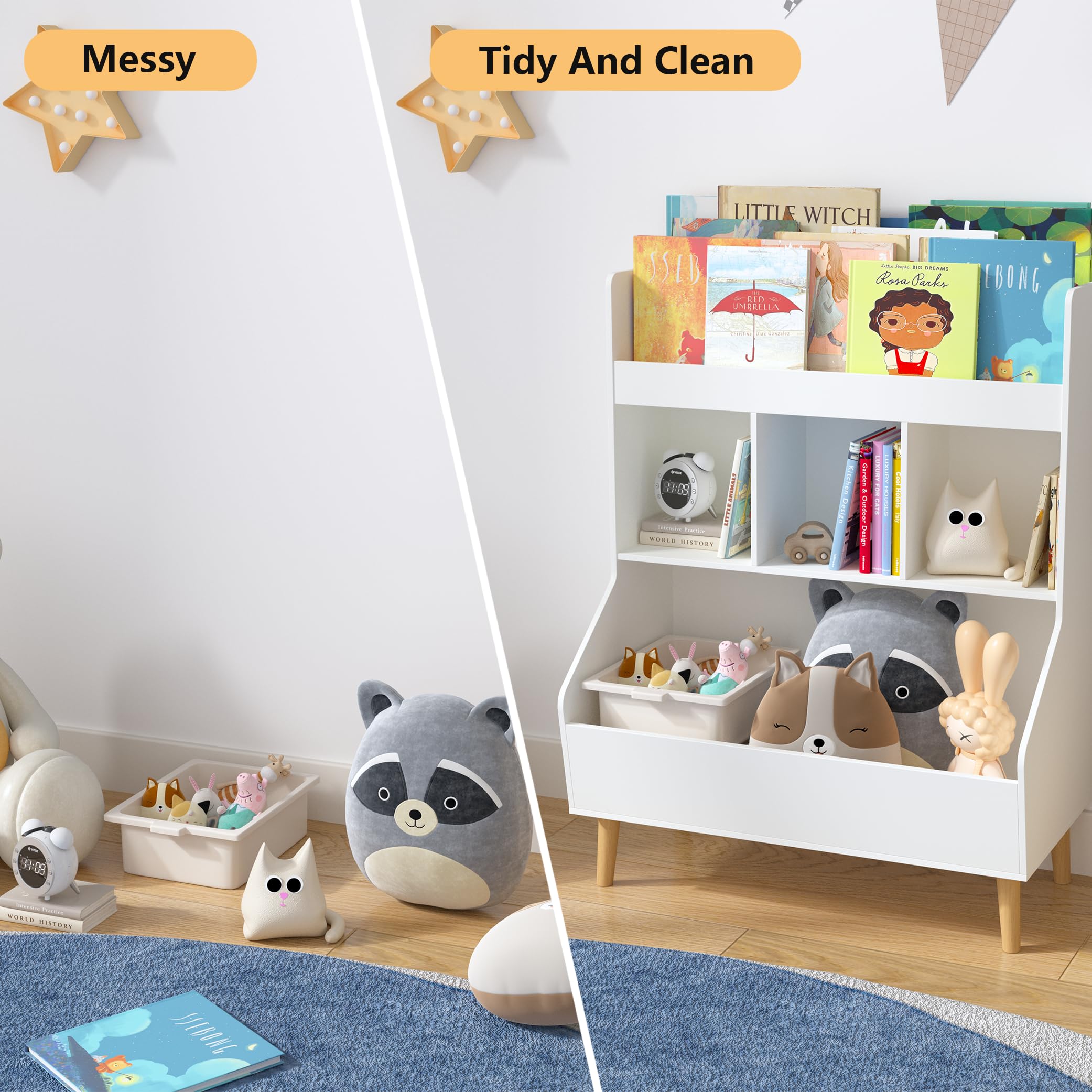 BAOMKONG Toy Storage Organizer, Kids Bookshelf and Bookcase with Solid Wood Legs, Multifunctional Bookshelf with Storage, Children Bookcase for Kids Room, Living Room, Nursery, White