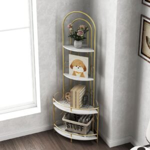 Arched Bookshelf，4 Tier Corner Shelf Stand,Open Bookshelf,Gold Bookcase for Living Room,Home Office, Study, Bedroom,Bathroom Modern Style(White + Gold)