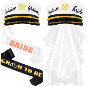 jagely 4 pcs bachelor bachelorette party accessories groom bride captain hat with veil groom bride sash for bridal shower(elegant)