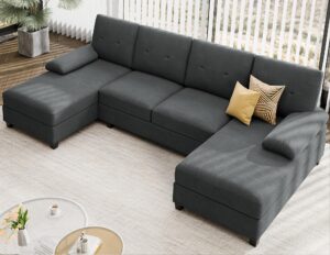 jamfly sectional sofa couches for living room, living room furniture sets clearance, 4 seat u shaped sofa sectional couch with chaise, black grey