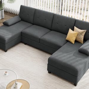 JAMFLY Sectional Sofa Couches for Living Room, Living Room Furniture Sets Clearance, 4 Seat U Shaped Sofa Sectional Couch with Chaise, Black Grey