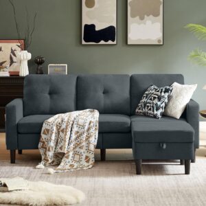 79" convertible sectional sofa, l shaped couch with movable storage ottoman 3 seater sofa polyster fibre for apartment small spaces, dark grey