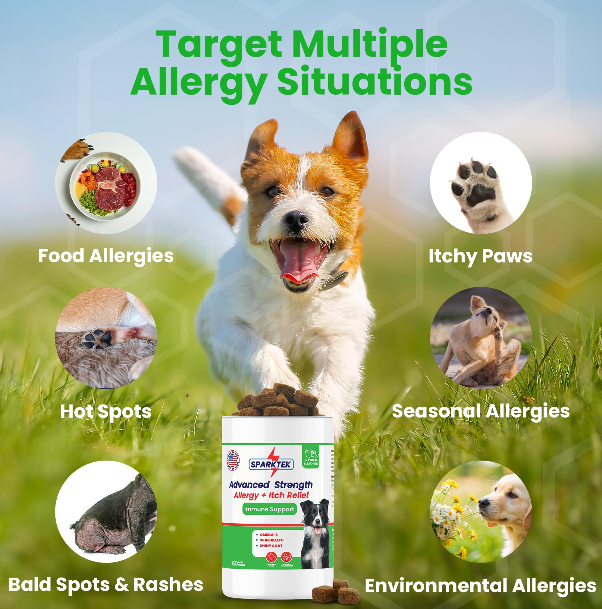 Sparktek Allergy Soft Chews Supports Dog Seasonal Allergies-Hot Spots-Itch Relief - Enhanced with Omega-3 Fatty acids,Tumeric Root,Grape Seed Extract,Quercetin,Pumkin Powder to Help The Immune System