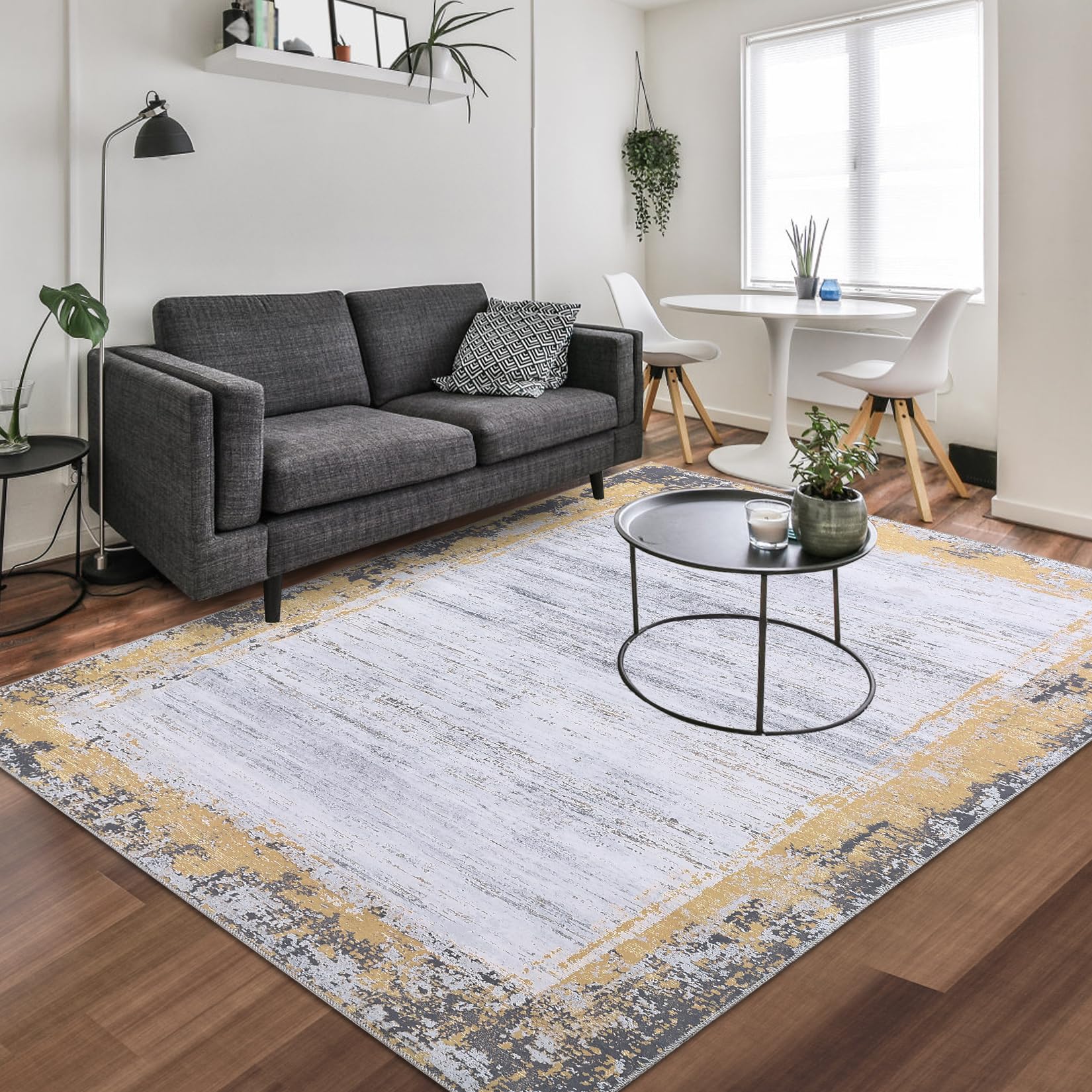 MilleLoom Large Rug 9x12 Washable Rugs Solid Livingroom Rugs Bordered Rugs Modern Geometric Neutral Rug, Stain-Resistant Non-Slip Rugs for Living Room Farmhouse Soft Foldable Area Rug 9x12,Yellow