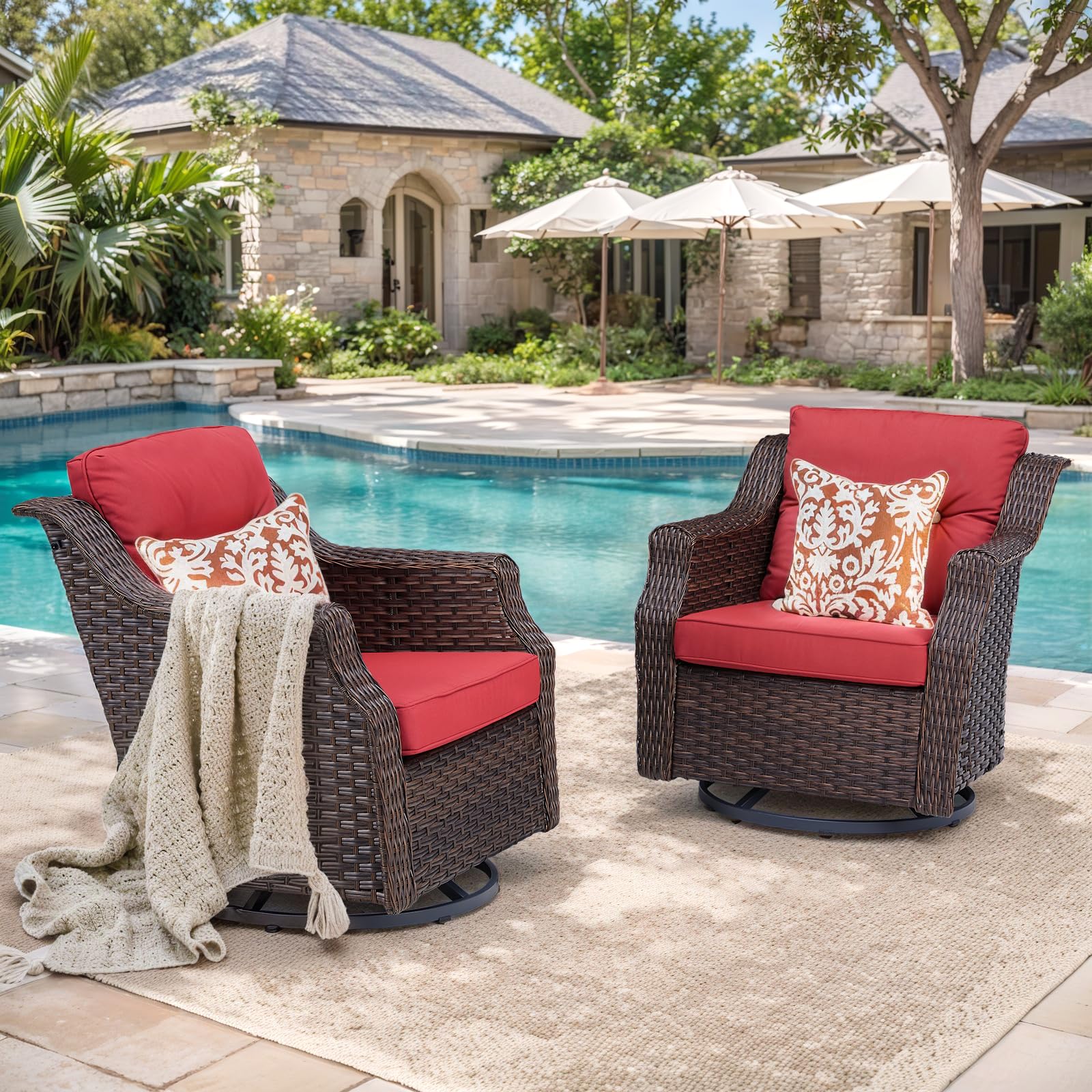 Outdoor Swivel Rocker Chair Set of 2, All Weather Wicker Glider Rocker Set, PE Rattan Swivel Rocking Chair with Side Table for Yard Balcony Deck Porch (Red, 3PC-Swivel Gliders & Side Table)