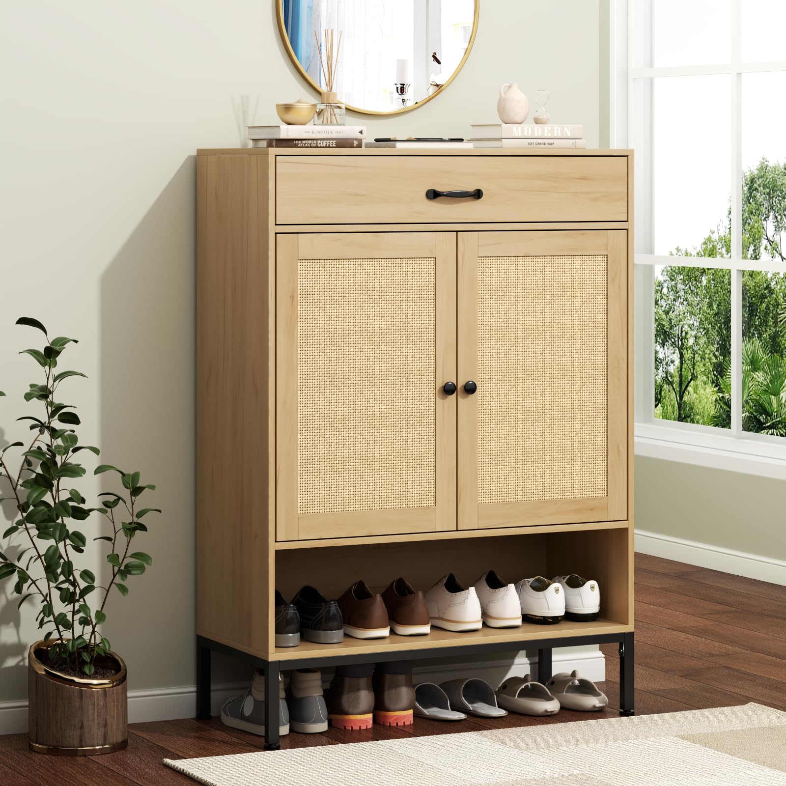 Loomie Rattan Shoe Cabinet, 5-Tiers Shoe Storage Cabinet with Doors, Storage Cabinet with Drawer & Bottom Cubby, 44.3" Tall Boho Shoe Organizer Cabinet for Entryway Hallway Closet (Natural)