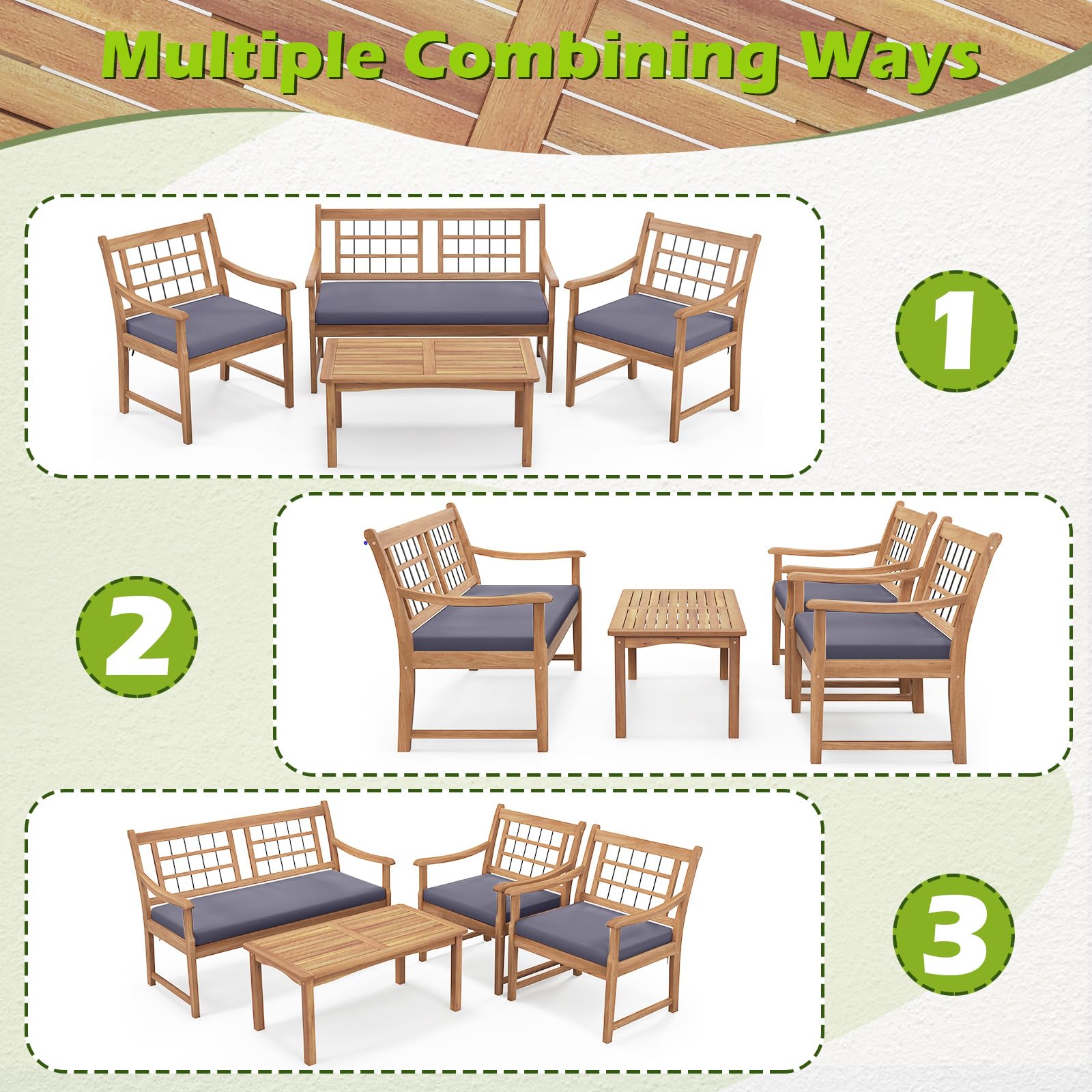 RELAX4LIFE Wood Patio Furniture Set - 4-Piece Outdoor Furniture w/Seat Cushions & Coffee Table, Loveseat Sofa Set for Balcony Porch Deck Poolside Backyard, Acacia Wood Conversation Set (Grey)