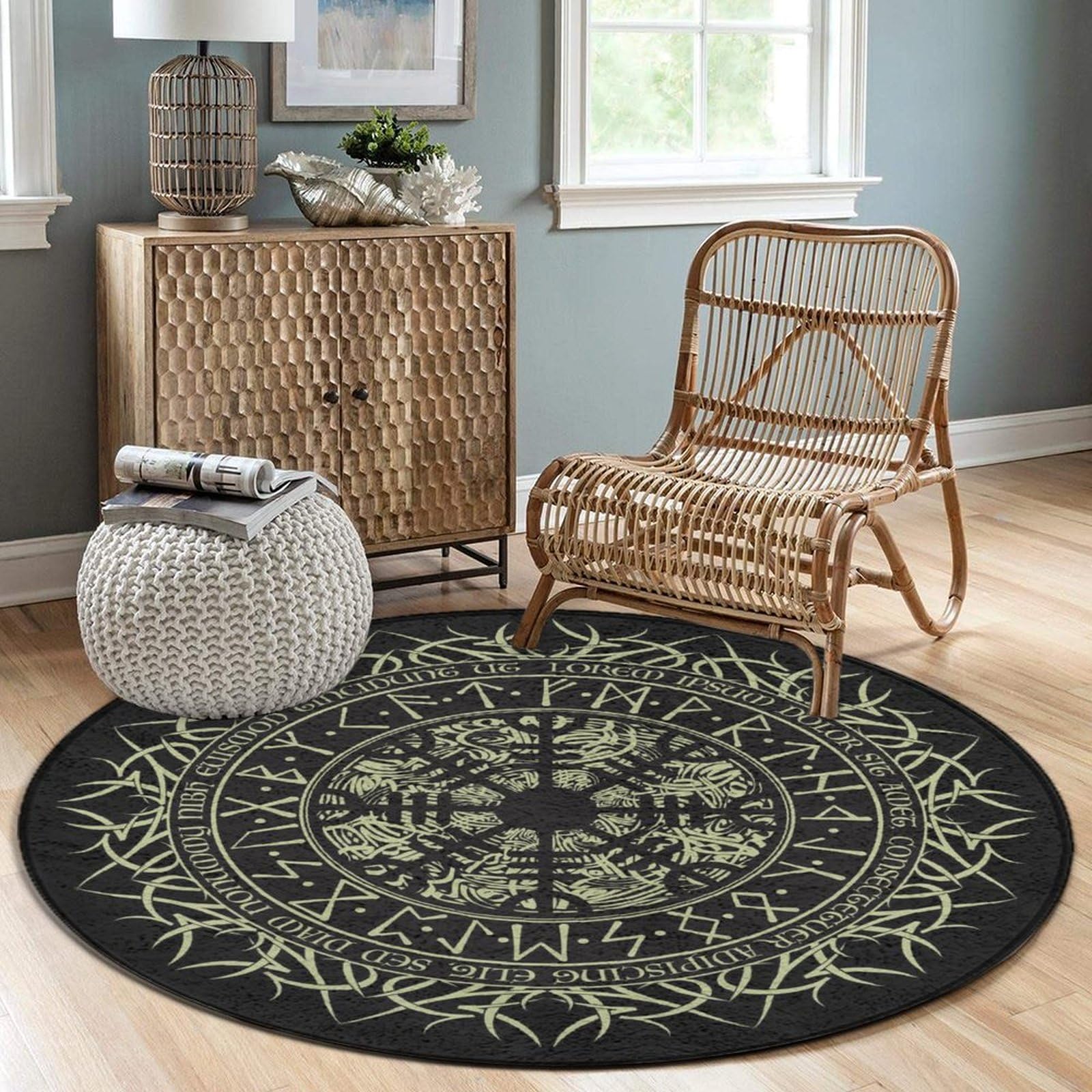 Washable Round Rug Circle Area Rugs for Bedroom Entryway Non Slip Carpet for Living Room Coffee Table Kitchen (Norse Viking Vegvisir Runic Compass)