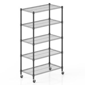 Himimi 18" D×36" W×82" H Storage Shelves with Wheels Metal Wire Shelving Unit 5 Tier Adjustable Shelving Heavy Duty Garage Shelf Organizer Rack Loads 2000LBS，Black