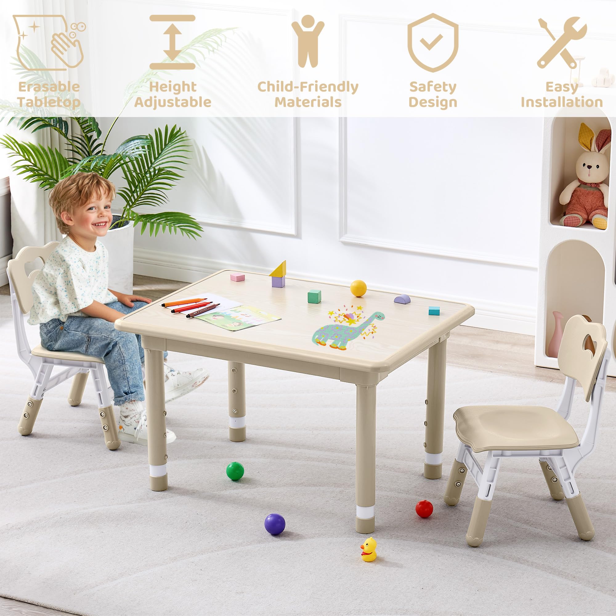 DOREROOM Kids Table and 2 Chairs Set, Height Adjustable (17.7"-26.1") Toddler Table and Chair Set, Multi-Activity Table with Graffiti Desktop, Children’s Table and Chairs for Classroom, Home & Daycare