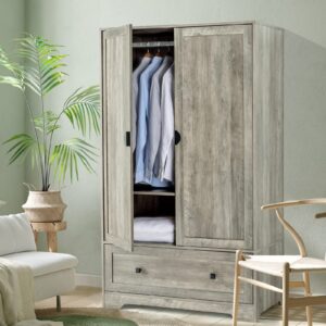 bonnlo 38" wide armoire wardrobe closet with hanging rod, adjustable shelves and drawer, freestanding wardrobe closet with doors, bedroom armoires and wardrobes, rustic grey, 38" w x 20.5" d x 65" h