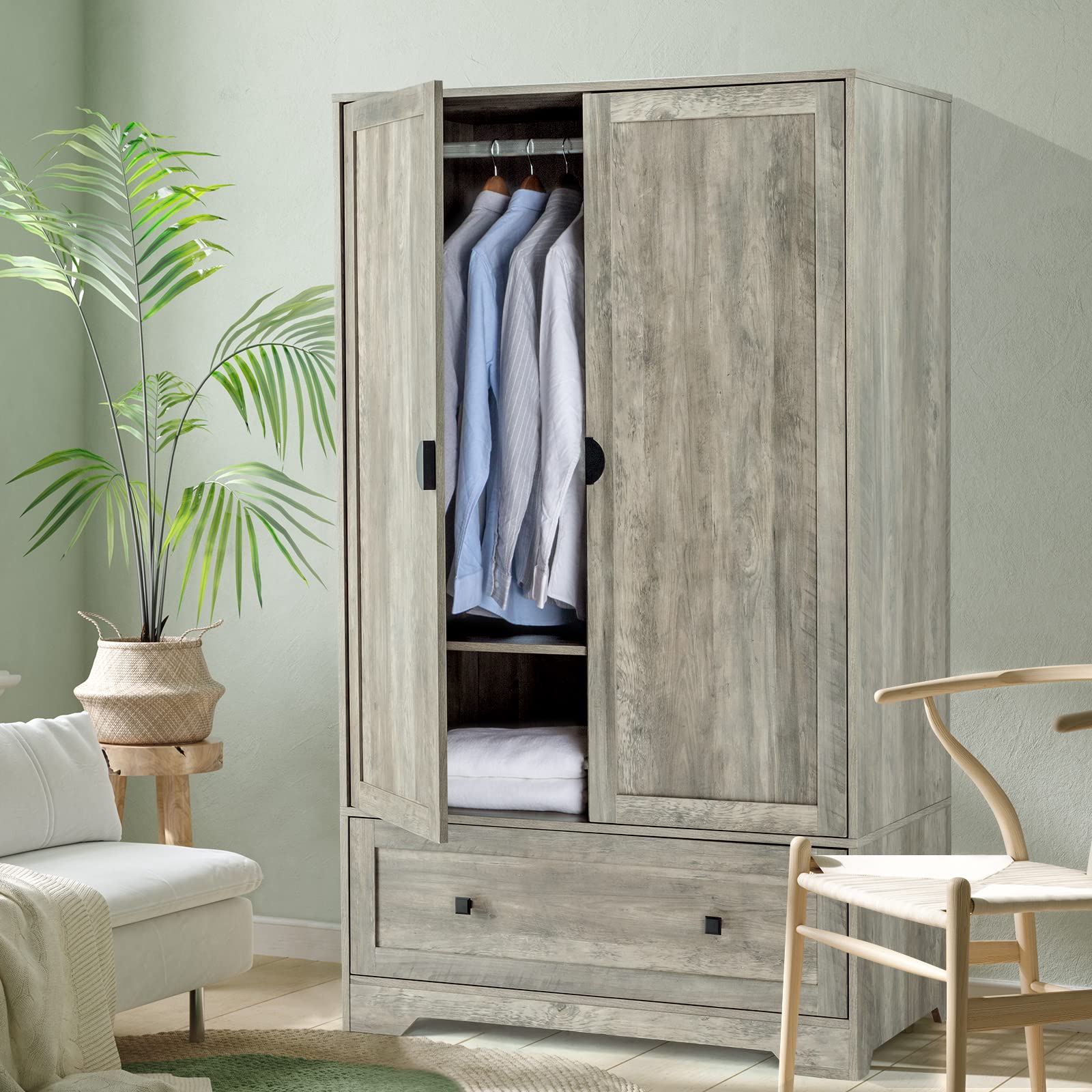 Bonnlo 38" Wide Armoire Wardrobe Closet with Hanging Rod, Adjustable Shelves and Drawer, Freestanding Wardrobe Closet with Doors, Bedroom Armoires and Wardrobes, Rustic Grey, 38" W x 20.5" D x 65" H